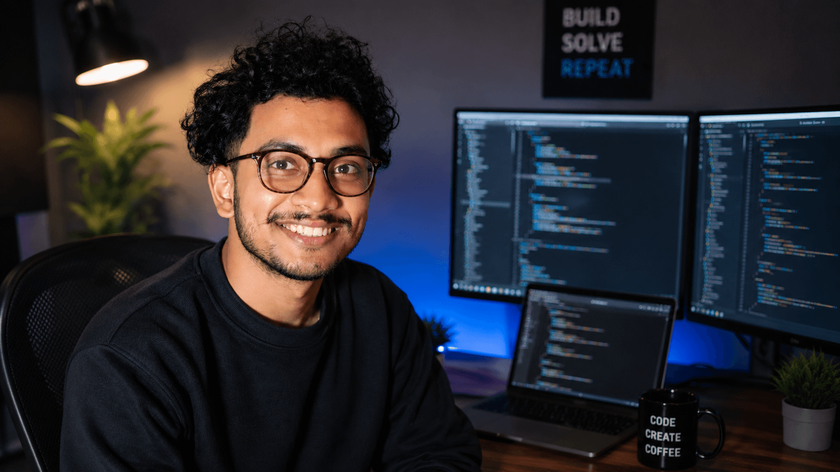 Ayush Adhikari at his desk, two monitors of code behind him