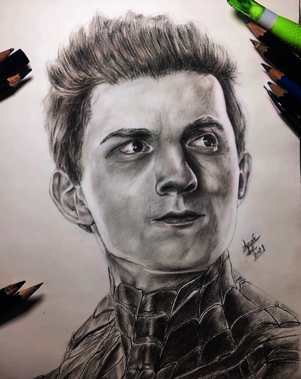 Graphite portrait of Spider-Man (Tom Holland)
