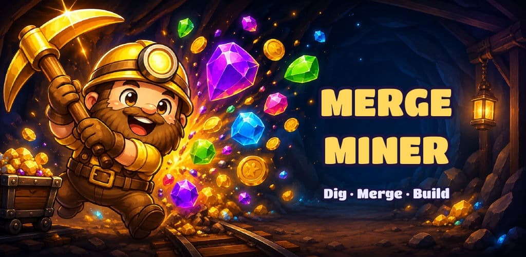 Merge Miner key art — a miner swinging a golden pickaxe through a burst of gems